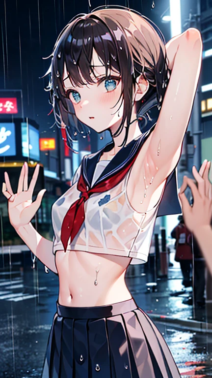 (( )),(((Sailor suit,underboobs,Nude:1.5)))、woman,Cowboy Shot, ((white background))) 、Best image quality, high quality, The background is clear,きれいなwoman, Japanese, detailed, detailed eyes, detailed skin, Beautiful Skin, 超High resolution, (reality: 1.4),とても美しいwoman, , Beautiful Skin, thin, (Ultra-photorealism), (High resolution), (8K), (非常にdetailed) 、(Beautiful and detailed eyes), (非常にdetailed), (detailed face), Displaying the viewer, Fine details, detailed face, smile,Straight,Looking Ahead, StraightLooking Ahead, Photo Real,Hairstyle: ponytail、(((short hair:1.5))),Brown Hair、smile、Very delicate body、Very flat chest、hair over one eye, Normal limbs、