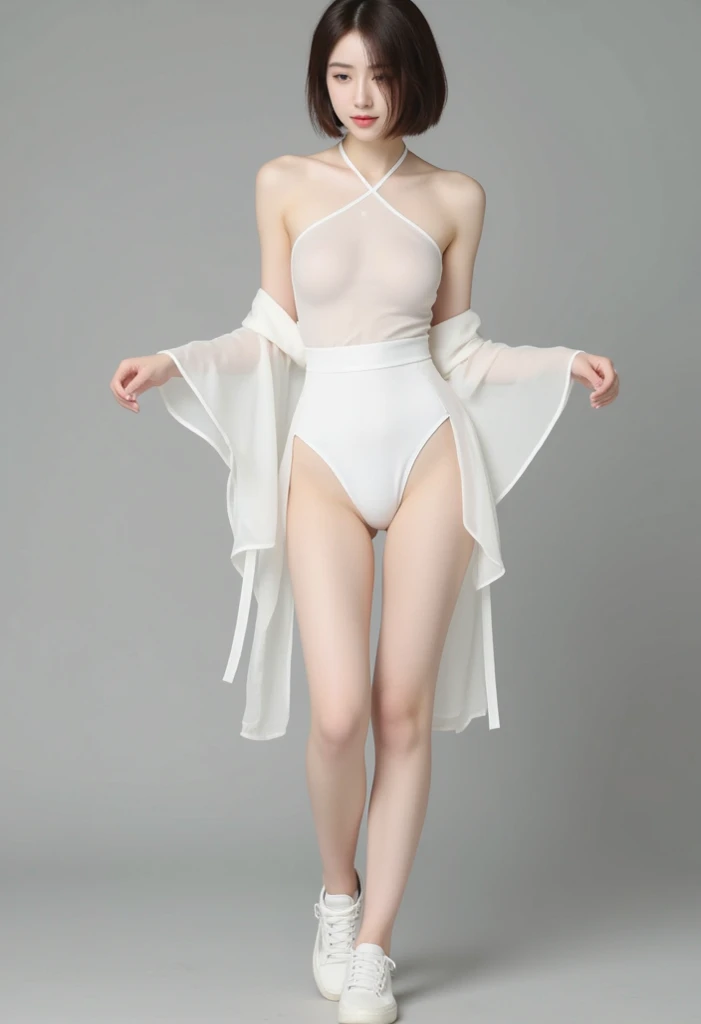 Chinese flight attendant,goddess,28 years old,long black hair,Long hair shawl,take off shoulders,Astonishing脸,Astonishing体型,big breasts,Black transparent lace underwear,long legs,,Astonishing,High heel,Nice shoes,high quality,high contrast,Light,HD,simple gray background,plain background