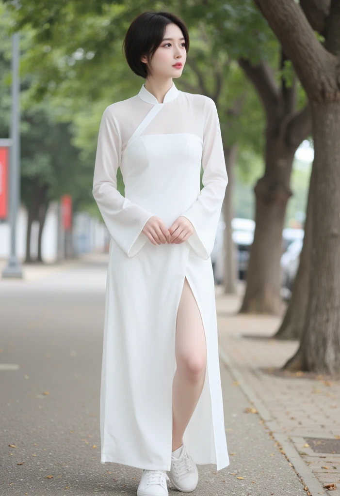 detailed body, attractive body, perfect human body, realistic face,
(ultimate quality, masterpiece, highres:1.0), realistic:1.6, photorealistic,
[8k UHD photos, UHD high quality photos, Super detailed and super clear images],
Close-up of a Vietnamese girl with a beautiful face and balanced body, leggy, round face, big round eyes, Charming smile, Red lips, long curly eyelashes, big dimples, pointed chin, plump face, Her face resembles BaoTran x ThanhThanh, Tall and plump figure, see-through pants with clearly visible underwear,
wearing a bright and shiny white silk ao dai with embroidered flowers, sitting and playing with the sand and ocean waves, pose sexy,
Silk ao dai,