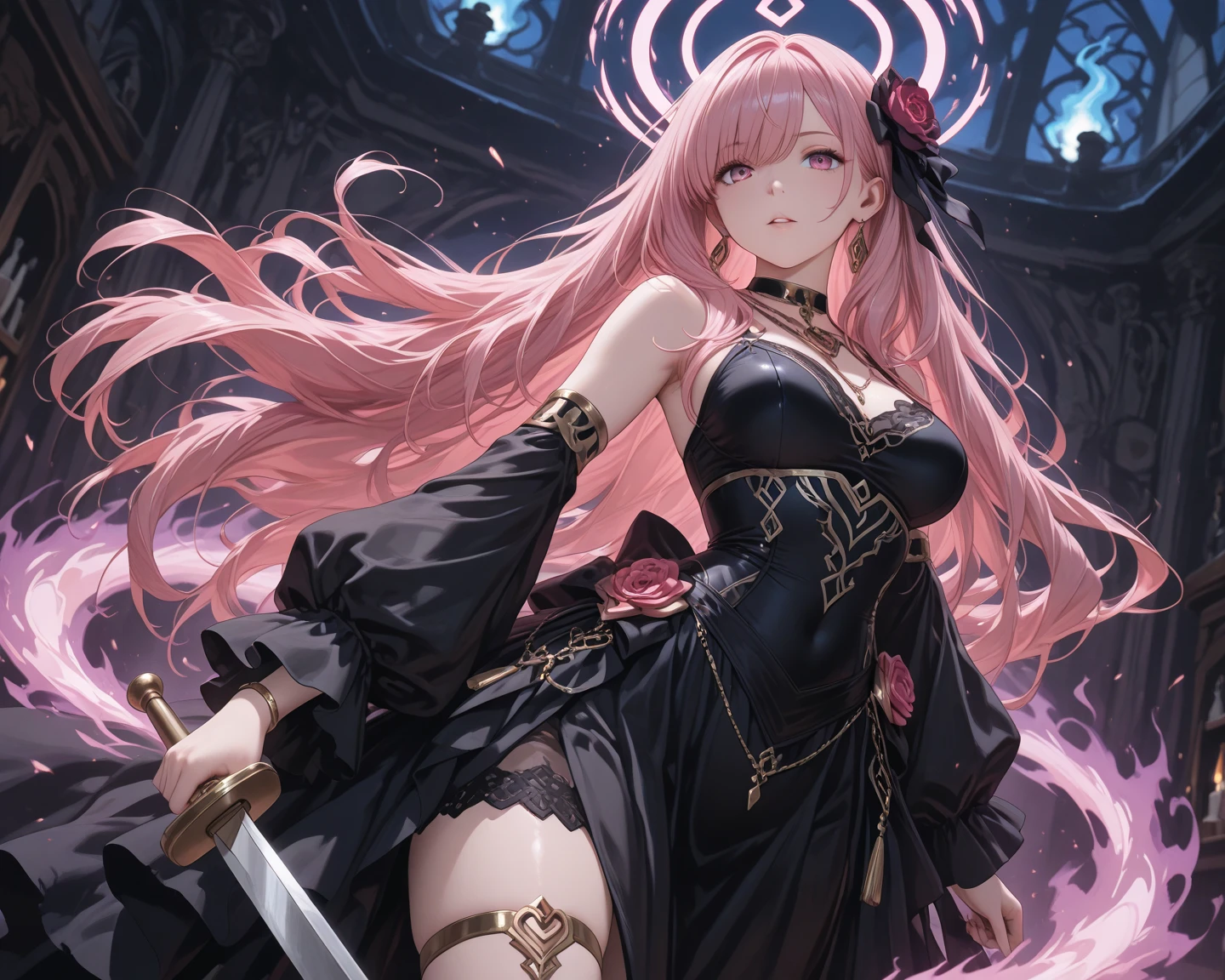 1 girl,pink hair,pink eyes,middle hair,straight hair,large breasts,witch dress,twin scimitar,standding,fantasy,night,moon,fighting pose,full body