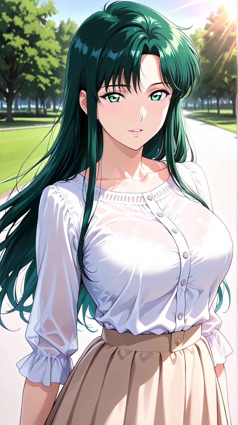 Yamashina Mizuho, masterpiece, best quality, a sexy mature women holding golf clubs while dressed in clothing that is similar to women's clothing from the 1920s-1930s, 1girl, breasts, cleavage, posing on one knee at the golf course ground, golf wear, skirt, solo, long hair, golf club, sexy underwear, smile, hat, panty flash