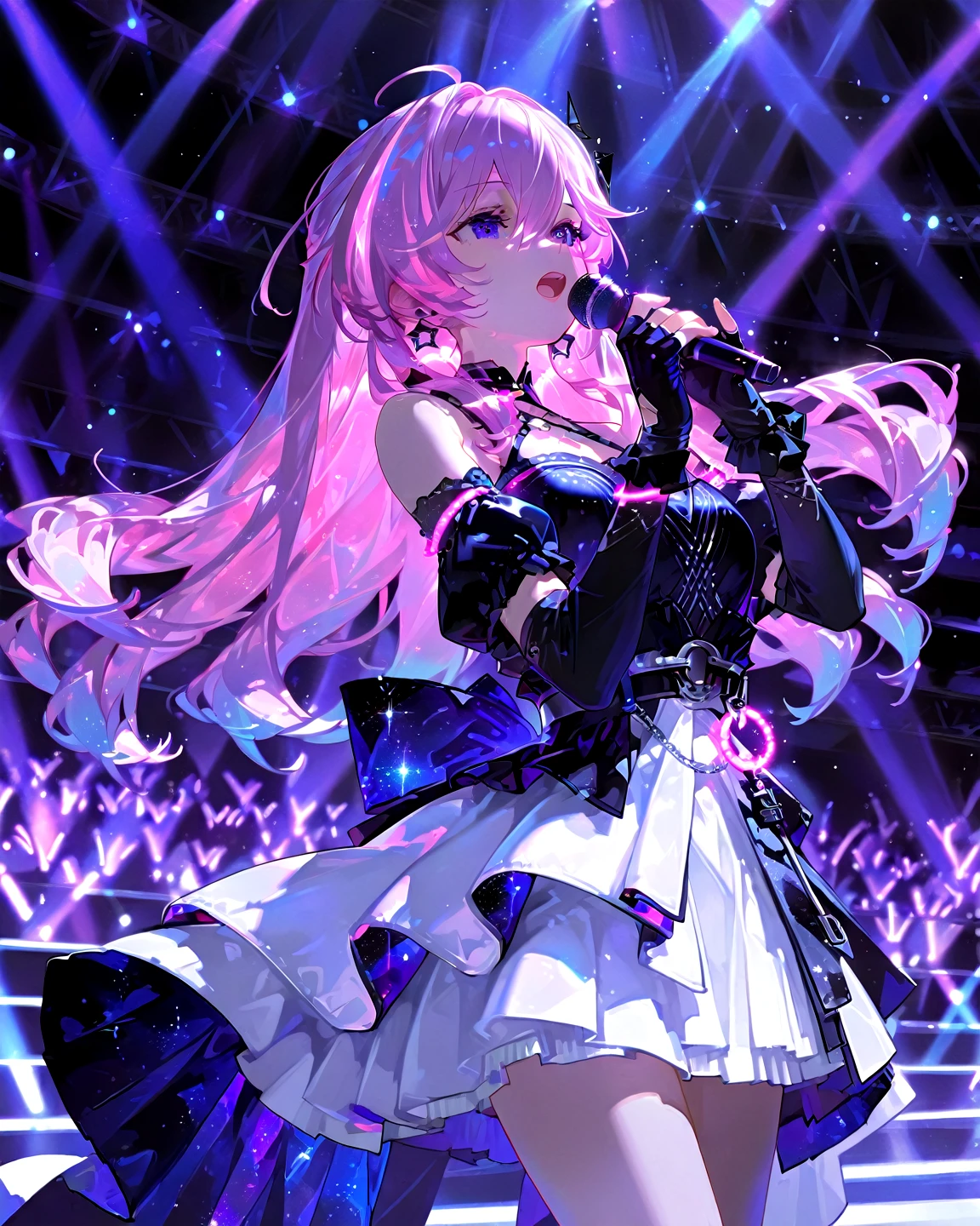1 girl、Mature、Ample breasts、Long Hair、Blue Eyes、Light purple hair、Beautiful smile、Wavy Hair、Black Dress、Shoulder Bare、Belly button、Diva、Miniskirt、garter、Hold the microphone、sing、Live Stage、Spotlight、Starry Sky、Galaxy、prism、Penlight、High resolution、Highest quality