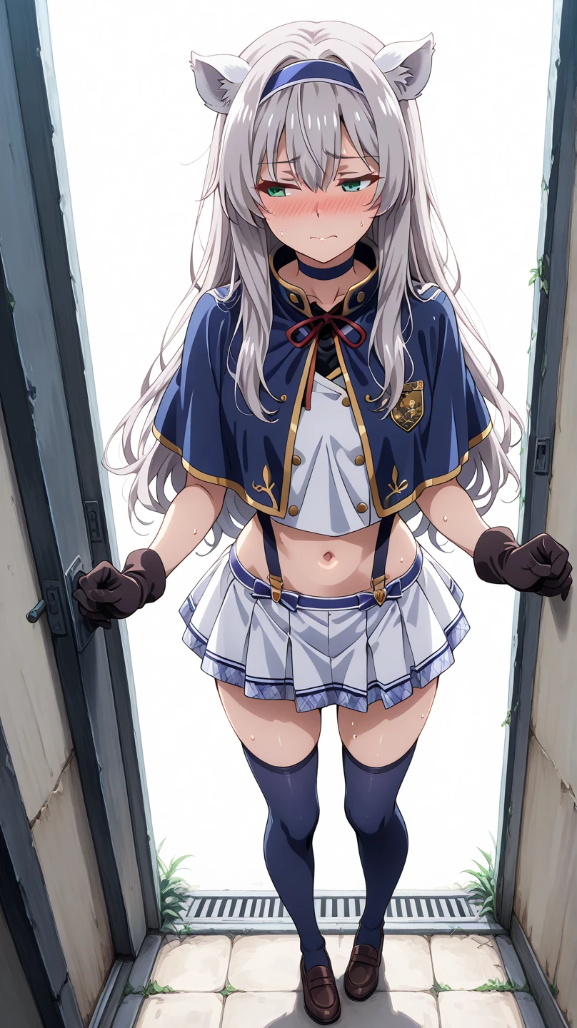 Clothed,kneeling,Upskirt ,(((Realistic White lace panties))), Lawine,alone, sousou no frieren,anime_style, 16 ,  ,masterpiece ,8k unity wallpaper,anime key visual,highest quality, High resolution, unity 8k wallpaper, (shape:0.8), highly detailed face,highly detailed eye,glowing eyes , shiny skin,fine skin,white skin,dense skin,detailed hair,highly detailed legs,perfect lighting, Detailed CG, (perfect hands, perfect anatomy),High resolution,(Detailed wear ),slender limbs, delicate curves, dainty hands,figure:0.8,