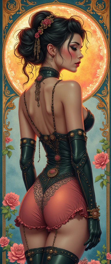 ((artwork)), (Best quality) Reality , secretary, Beautiful woman, Good sense of humor, Topless ,Beautiful round breasts, Large breasts, camisa e saia estilo secretary sexy,miniature , beautiful legs, Glasses show your neck, Off-shoulder ,Show your belly button, Big eyes, far away, Thick eyelashes, Fleshy lips, Crimson eyes, blond hair far away and thick, Black short hair, Intricate designs and patterns in the style of Alphonse Mucha ,Art Nouveau Watercolors