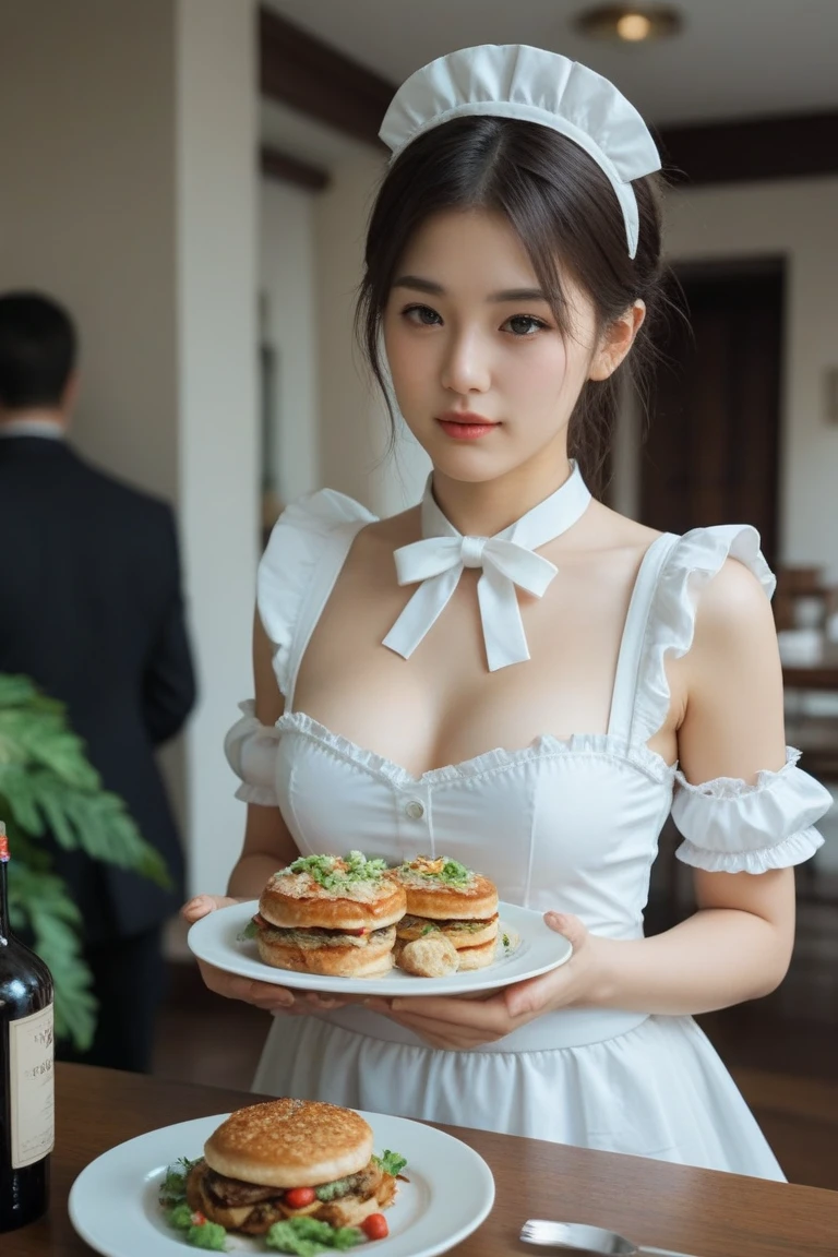 (8k RAW Photo, full body photograph, sharp, natural lighting), (bare (naked, nude)  girl with (big breast) and ideal body, adorable baby face, round face, bob hair cut with pony),(crawling, serving expensive dishes, in a luxury house, crowded standing party, masquerade), (midnight), crowded dinner, BSP