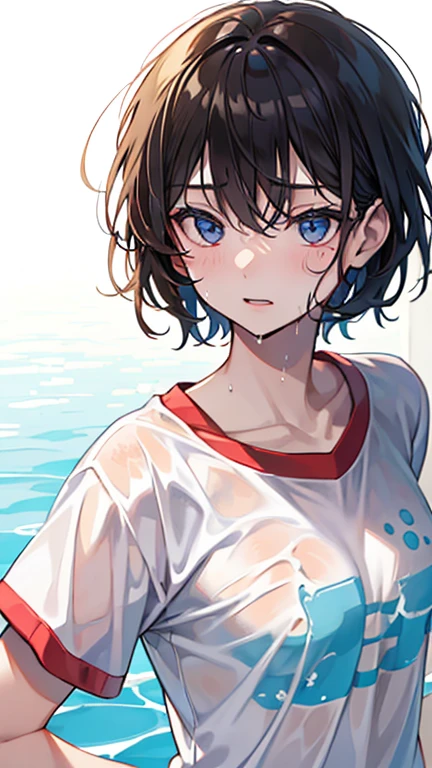 score_9, score_8_up,score_7_up,flat color,(best quality, masterpiece, ultra high-resolution, ultra-detailed), Girl in the sea, wearing a life vest over her school swimsuit,shiny skin, BREAK (girl,16yo,detailed face,(darkblue wavy-short hair),middle thick eyebrows,middle small breasts),