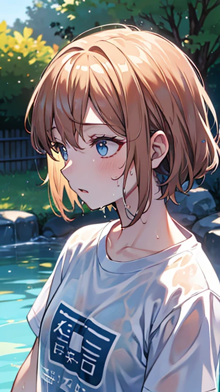 (Best quality, 8k, 32k, Masterpiece, UHD,:1.2),RAW, 1girl,ultra cute , natural lighting,transparent shining eyes, 20yo ,fair complexion, T-shirts, wet, see- through, rainy, mini skirt, embarrassed,  From front, show off bra under T-shirts, wet hair,