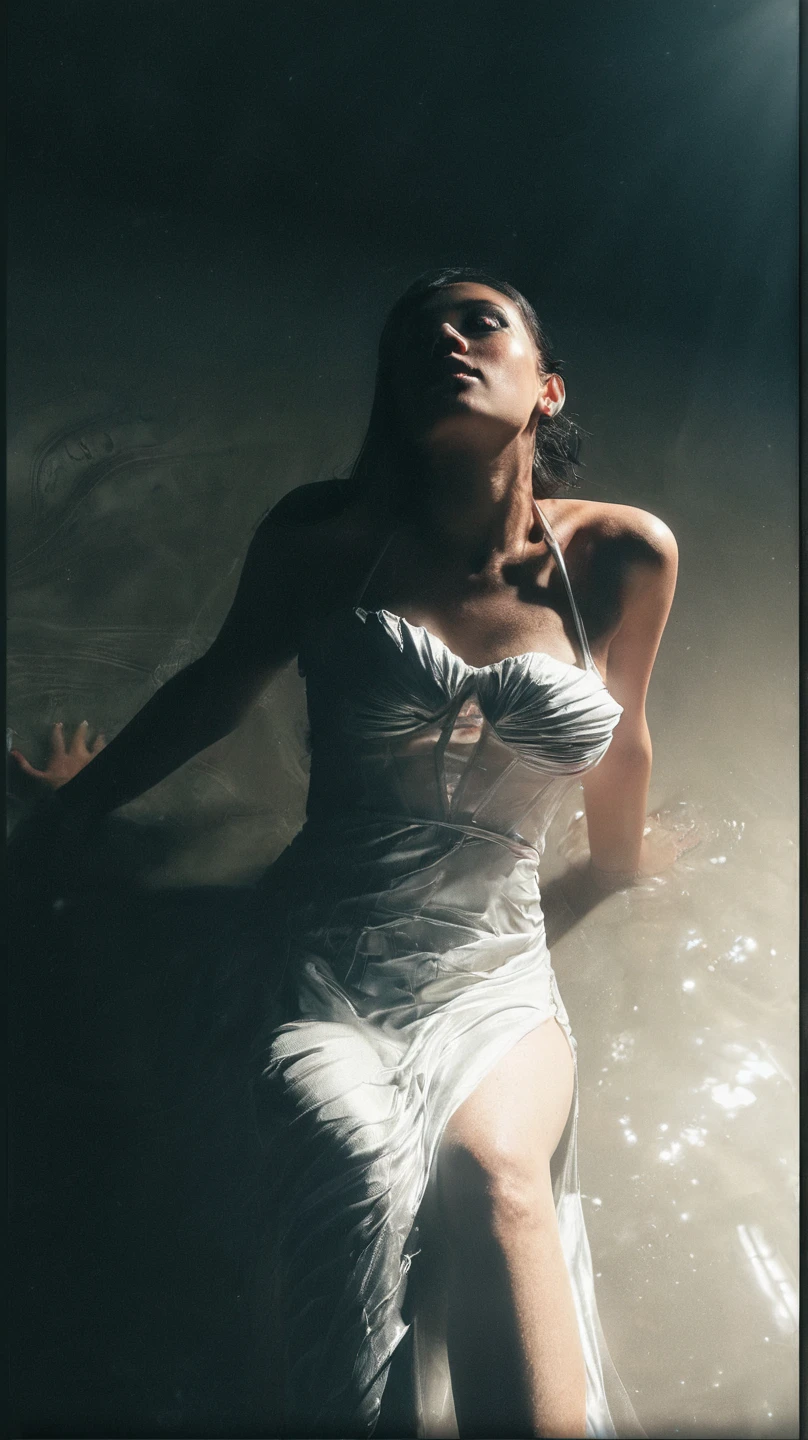 asian girl, transparent wet dress, white dress floating and flowing in the water, lying on her back in fast flowing water, SHALLOW WATER, SHOW THIGHS, RAINING HEAVILY, RAINDROPS IN THE WATER, SHE IS VERY WET, WATER COVERING SOME OF HER BODY, eye contact, photo realistic, monochrome, erotic, she is wet, semi submerged, water over body, black and white image, nipples protruding from her dress, head in water, sexy pose, erotic pose, MONOCHROME, 