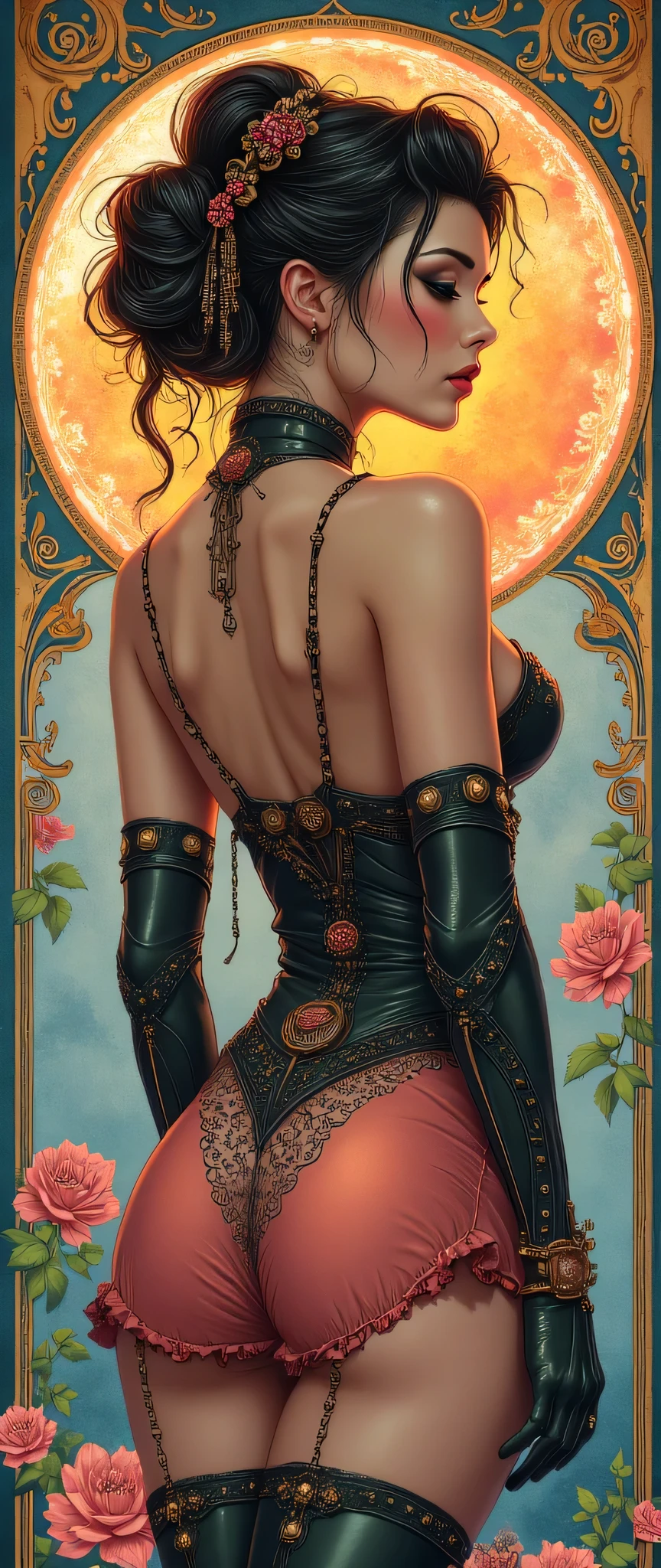 (((back view))), (((perfect ass))), (best qualityer))), (((manga strokes))), woman knight with a black armor, (((girl with red crown))), metal panties, medieval redhead girl, Barbed wire garter belt, breasts covered with a wave-shaped metal breast protector, Curly white hair, long ribbon-garter, chains wrapped around the arm, metal gloves, great sword, medieval castle, fitness body, blood, nude belly, coxas nuas (((manga style))), violent, Manic, slenderbody, thin but strong, perfectbody, armor black, ornate metal sleeves, intricate visual com um castelo medieval enorme, ((( sculptural body ))), (((1 girl))), garota de 25 anos com perfectbody,,Beautiful and well-groomed face,muscular body:1.2,solid color detailed jacket, (Head to thigh photos), Complex equipment, (((standing alone))), pirralha violent, ((())), sexly, pose de atitude, work of art, post-apocalypse, (((manga style))), bounty hunter, violent, Manic, the way you want, slenderbody, thin but strong, perfectbody, roupa moderna, advanced technology, neon, sleeves with vertical striped pattern, intricate background, (( cowboy shot )). intricate visual