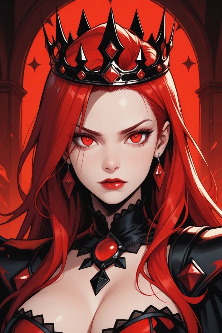 Extremely beautiful woman sadistic face studded with gold red eyes queen