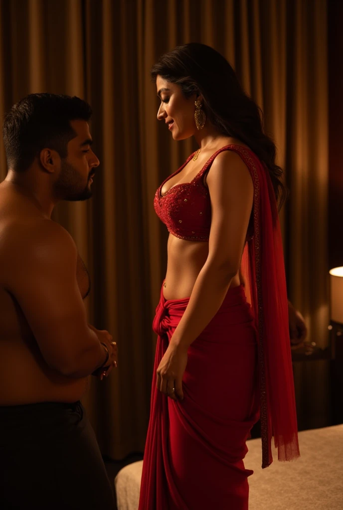 35 year old indian chubby woman, wears belly dance suit, having sexual facial expressions, performing Belly dance at her house in front of her 30 year old handsome younger brother who wears tshirt and pant.