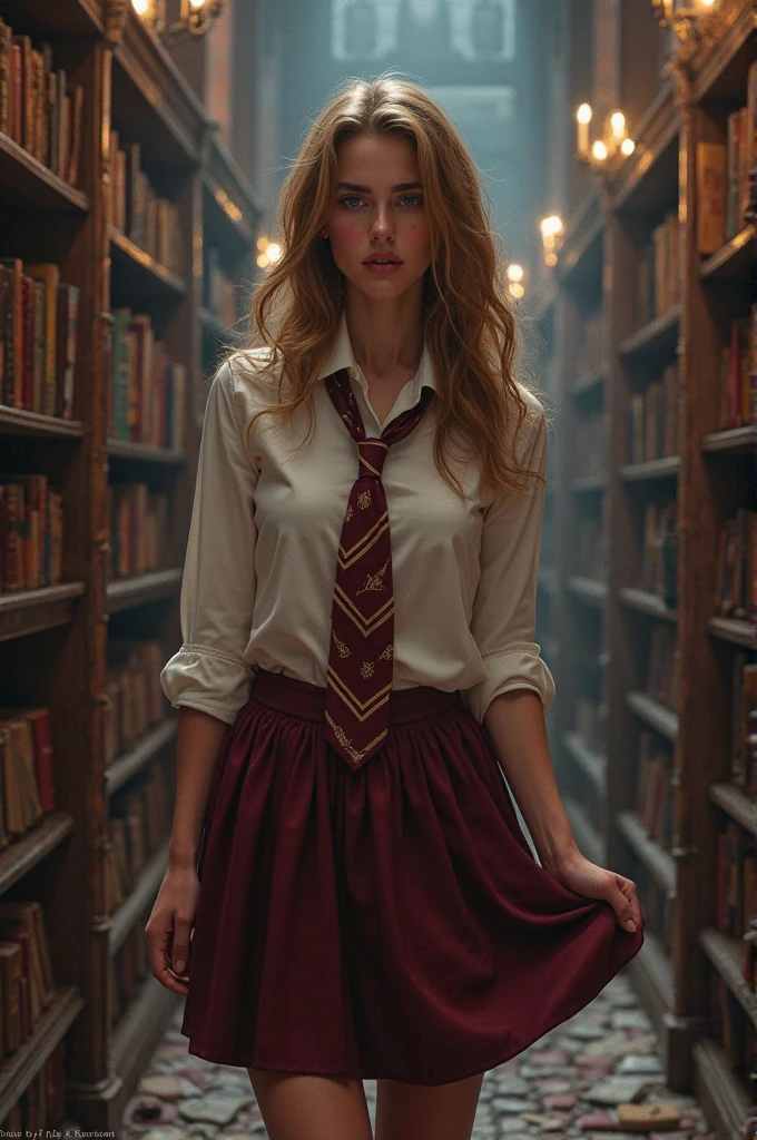 "Hermione Granger standing confidently in a Hogwarts room, dressed as a schoolgirl, very erotic, with a mini skirt, open blouse, you can see her bra and her round breasts, her hair is light brown, long and wavy, she is holding a book in one hand, with a wand in the other, ready to cast a spell. The room is filled with shelves of ancient books, glowing candles, and magical artifacts, capturing the mystical atmosphere of Hogwarts. The colors of her uniform represent her house, Gryffindor. , with red and gold details.