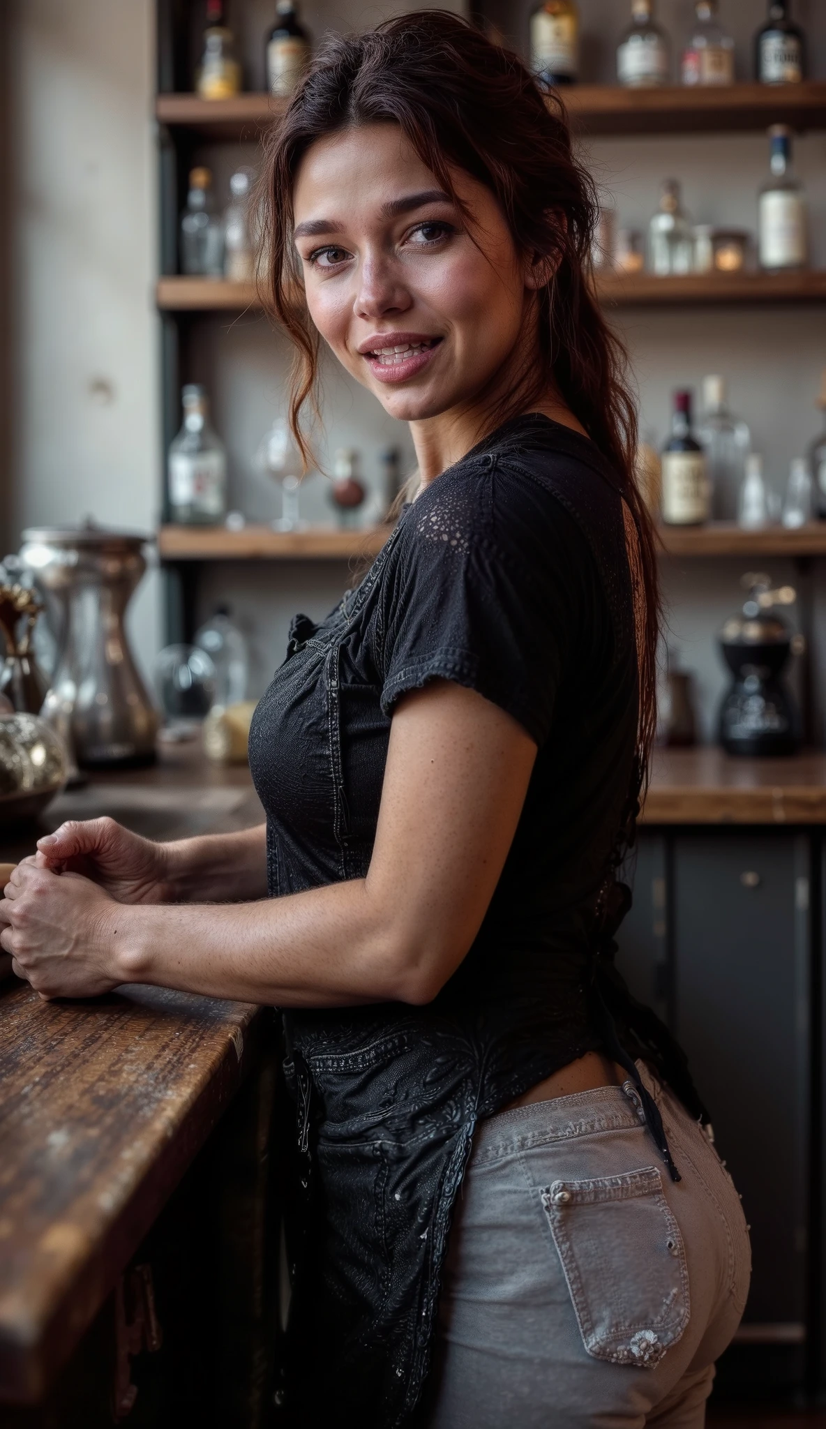 A woman, light-medium brown complexion, young about 20's sexy adult, is positioned slightly to the left of center in a bar setting. She is wearing a black short-sleeved top transparent on the back. She also wears light more ripped gray jeans and a dark apron. She has straight, dark hair pulled back. Her expression is friendly. She has a slender build. She has a wide hips a sexy bigger butt and thigh gap. The woman is at a bar, working, possibly making drinks or coffee. The background shows stainless steel bar equipment, glass and liquor bottles behind her. The lighting is bright and neutral, typical of an indoor commercial setting. The perspective is at a slightly angled height, looking down. The composition is fairly centered, with the focus on the woman's mid-section and upper body. The overall atmosphere is professional and brisk. The image conveys a woman position.