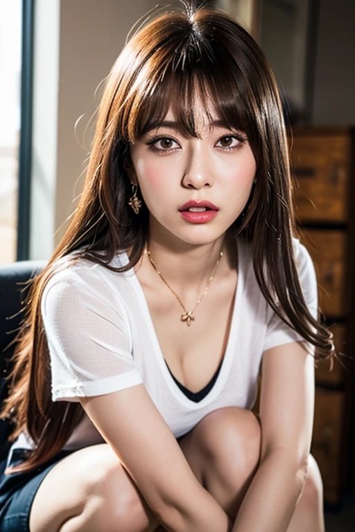 masterpiece、highest quality、8k,Ultra-high resolution、RAW Photos、Ultra-high resolution、日本people、beautiful girl、1people、woman, (Braided top knot,Twisted Side Part Ponytail Braided Headband,Half Up、Braided Space Van,Voluminous fishtail braid,Twisted pan),(Asymmetrical bangs)、 (Ultra-realistic),Round face、 Fine and beautiful eyes、double eyelid、Thin eyebrows、(eye shadow(Shrimp brown))、Rich dreamy make-up、Thin lips, (Loose fitting blouse)、 (Micro Mini Skirt(Pale lemon yellow color))、A kind smile, Professional photography, Cinematic Light, (Very beautiful face: 1.2),(Large Breasts:1.2)、Saggy breasts、Cleavage、Exposed thighs、Voluptuous thighs、Smooth calves、、daytime office、In front of the computer、sitting in an office chair、Head to knee photo