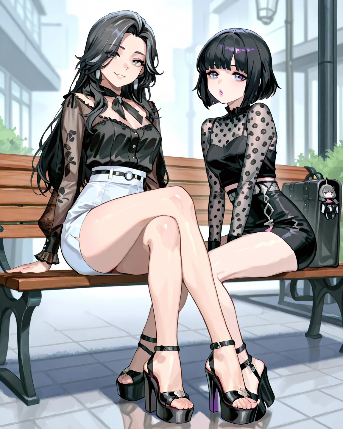 (2heads:1.3), (masterpiece, best quality), intricate details,
1girl, marnie_pokemon, choker, red ribbon, black choker, dress, jacket, black jacket, black nails,
pokemon, outdoors, sunny, sitting on bench, legs crossed, crossed legs