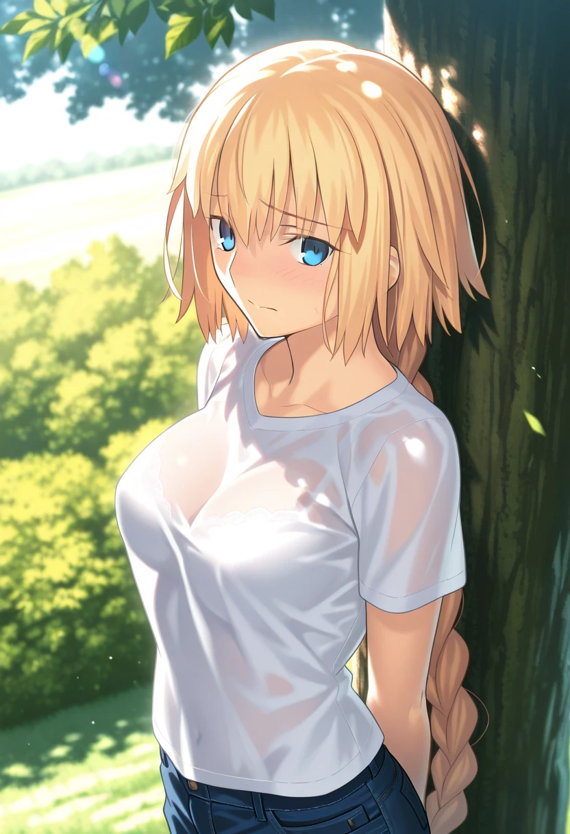 (masterpiece), (best quality), (detailed), light layer, 1solo girl, young girl in the forest, sexy transparent colonial dress, perfect body, blonde hair, defined chest, defined collarbone, ultra realistic, photorealistic, detailed, perky see-through nipple, wet clothes, back view