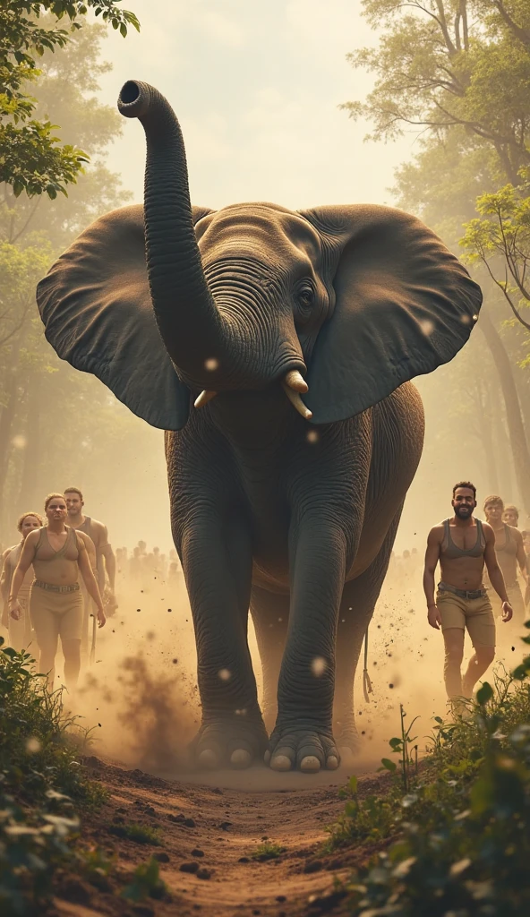 Give how an elephant is scared by a herd of deer