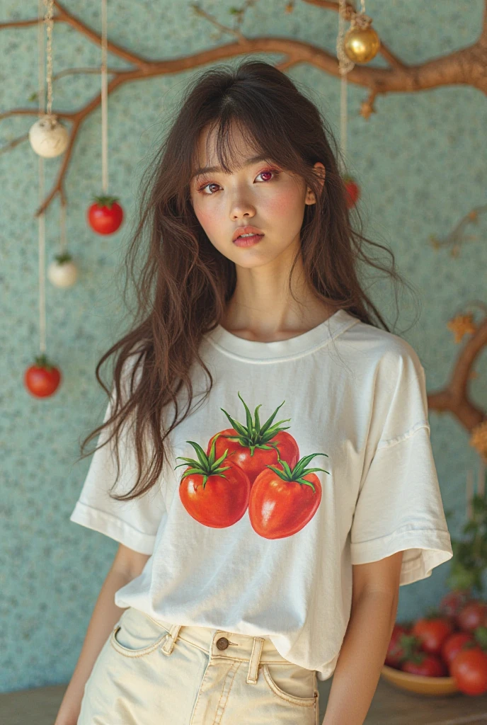 hyper realistic, ultra detailed, beautiful girl , silver short hair,tiny chest, blue eyes, teenage,summer, on the bed with tomatoes petals,from below