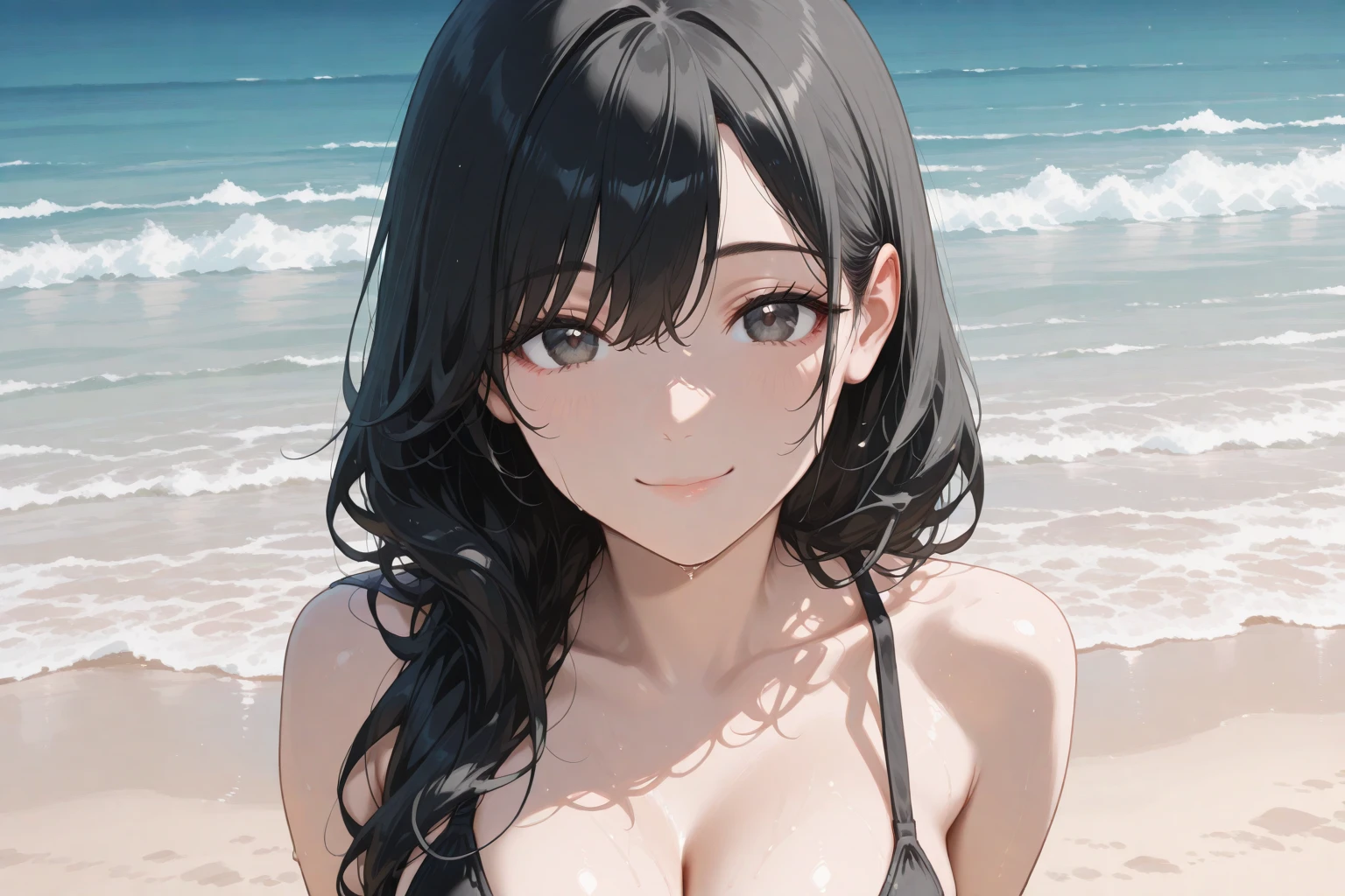 Antonio Lopez、Chuck Close、Ron Mueck、Richard Estes、Inspired by Marilyn Minter's technique、Surreal portrait of Japan middle school student in black off-the-shoulder bikini on the beach in Palau。
