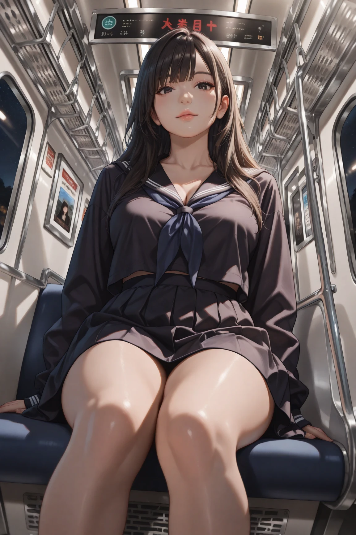 "(masterpiece, High resolution, Ultra High resolution, 4K) Black Hair, 14 year old Japanese girl, Uniform skirt, Accentuate your thighs, White thighs, Soft thighs, Gorgeous thighs, Sitting on a train, Alignment angle, (Angle from below),sitting in a train seat,Sit in front,Crotch Zoom Camera,Put your feet on the train floor,whole body,Looking down and sleepy,Only looking at the audience", highest quality, 超High resolution, (Realistic:1.4),, High resolution, Familiar, RAW Photos, Shapuri, Nikon D850 film stock photo by Lee Jefferies 4 Kodak Portra 400 camera F1.6 lens rich colors hyper Realistic lively textures dramatic lighting unreal engine artstation trends cinestir 800,only、Footjob、Nipples are visible、I can see your chest、only、Open chest、sole、