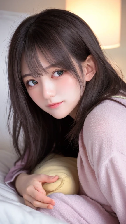 (((Beautiful girl alone、A single photo、Staring at the opposite sex in bed to seduce、Lying face down with arms folded:1.3)))、blush、((I see cute clothes:1.3))、((Detailed eyes and face:1.2、Professional photography techniques))、(Correct hands and arms:1.2)、((Face and bust portrait))