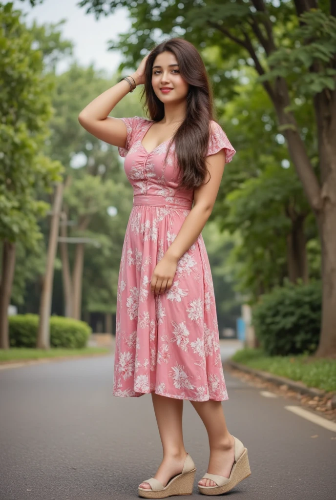 Beautiful 13 year old Indian ager, long hair, dress, falling straps, small cleavage, pantyhose, high heels, Japanese rural street, cherry blossoms, fog, sexy pose, Silent Hill world