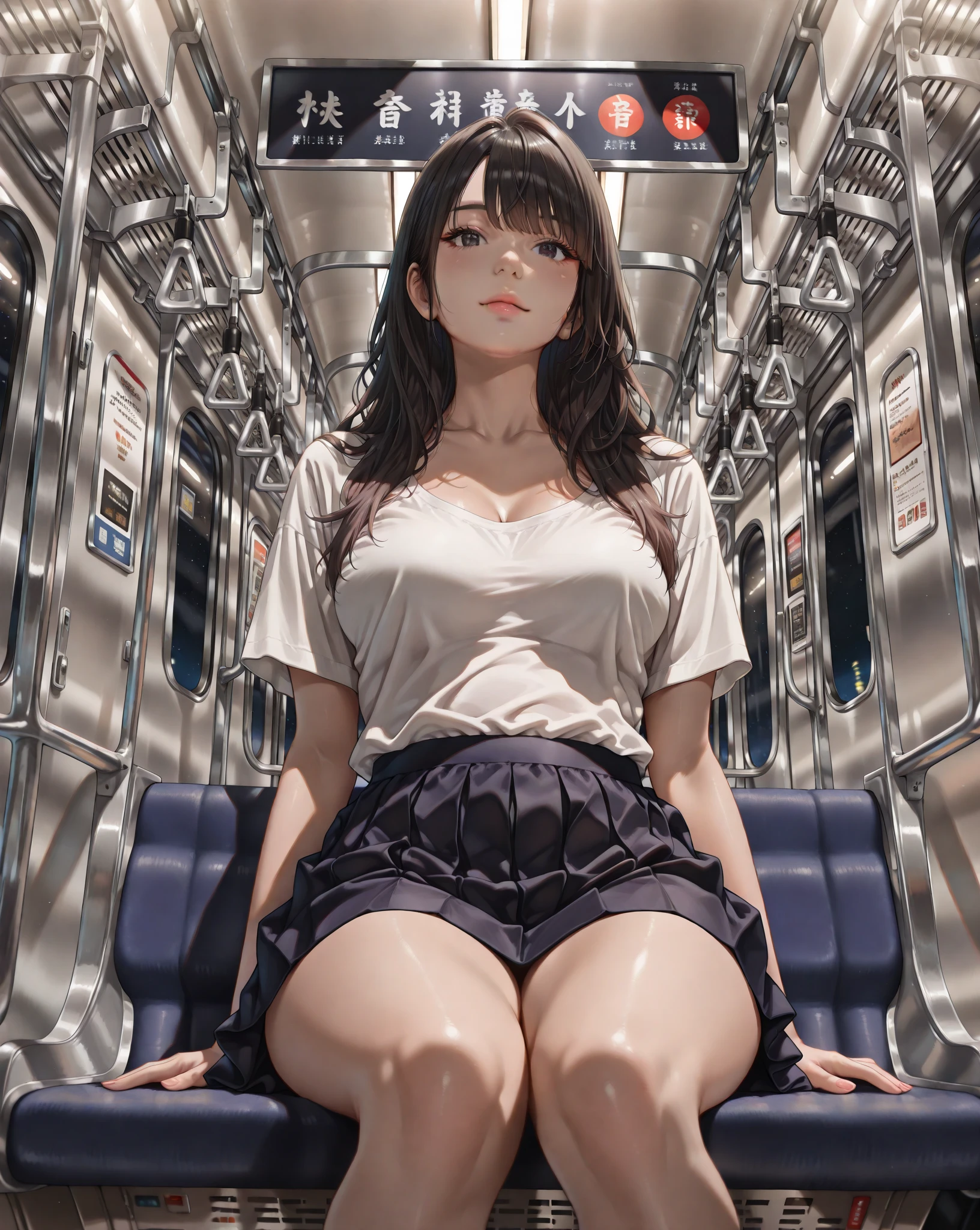 (Realistic, Surreal, Cinema Lighting, 32K), One beautiful woman, 20-year-old woman、(Improvement of quality:1.4), (Highest quality realistic textured skin:1.4), Detailed face, short hair, bangs, (Enhances the beauty of skin texture:1.1), Matte texture,Large Breasts、Full nudity、(In a crowded train)、Woman commuting to work、(Beautiful woman prostrates herself at the feet of a man.:1.7)、Woman masturbating、Women in ecstasy、climax、Acme、(A woman looking up at a man from a low position:1.6)、(Male genitalia in front of a female:1.6)、Hard nipples