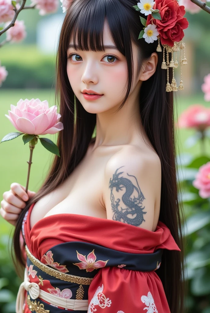 (sfw:1.5)、High resolution symmetrical images, Girl and Horihada, Yakuza, Japanese Mafia, Movie photo of Japanese cartel leader with tattoos on waist, chest and arms, Cleavage、((Close-up face))、Upper body portrait、(((Full body tattoos)))、 (Lotus tattoo)、 ((Close-up chest:1.5, Underarm, 胸のAngle from below)), Blonde braids, short hair, ((Art Nouveau)), (Ecstasy Face), (Alphonse Mucha), Small earrings, ((on the road, wood, Buildings in medieval Europe)), Angle from below、(Anatomically correct)、(Perfect body proportions)、(Natural Hands、Natural Fingers)、(Breast Goddess, Woman born from flowers, ((Round face)), Realistic Eye Size, Droopy eyes, smile,I'm bathed in dazzling light