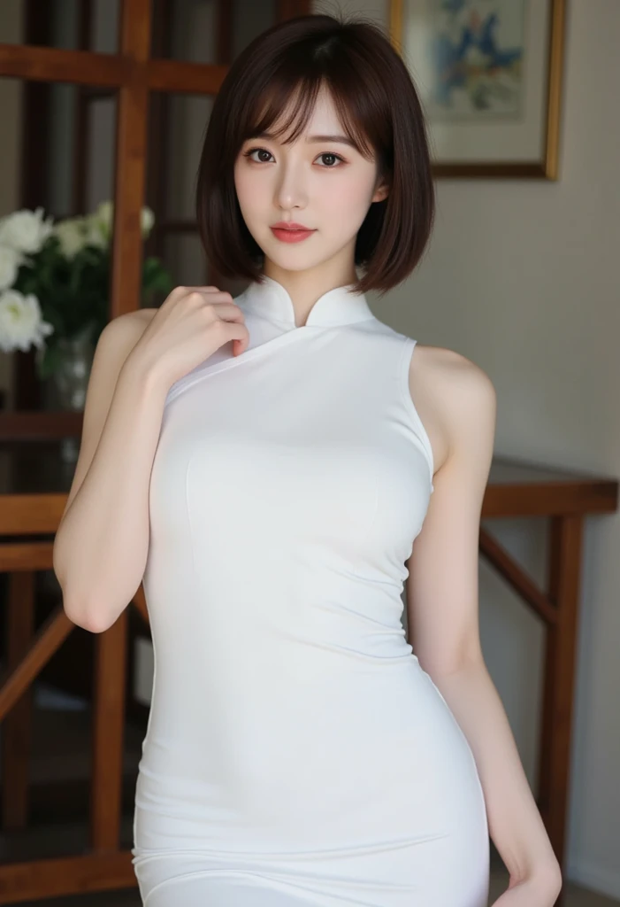 A live-action photo of an extremely beautiful Japanese high school girl race queen who highlights her large breasts and beautiful legs.、In a photo studio, she wears a tight Chinese dress and takes promotional photos for paid dating.、She is an eternal idol who combines a clean look with modern charm.。 She creates such beauty。 She feels her own warmth。 She creates a warm atmosphere。 We create beauty。 That&#39;s what I want to say。 In her full body photo、The figure features porcelain-like skin and golden hair that radiates a soft glow.。 This is probably、It captured the essence of her timeless charm.、This is the best shot ever.。 Each straight line and curve is carefully expressed.、Breathtakingly beautiful with impeccable detail。 This piece perfectly captures her timeless beauty.。 Divine Proportions、Sharp focus、Full-body photo taken by Kishin Shinoyama、high quality、High resolution、Detailed Background
