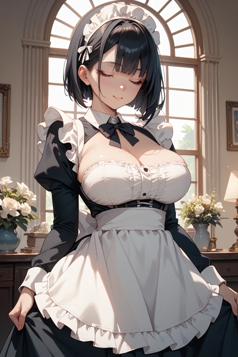 1 Female、Black short hair、Short Bob、Long Bangs、Maid-inspired swimsuit、Chiffon and lace、raffle shoulder, Big fluffy ribbon、Headdress、Apron-like front、detailed face,big heart eyes, thin eyebrows, moist lips, kissing lips, perfect proportion, smiling full of compassion, close up shot, blushed