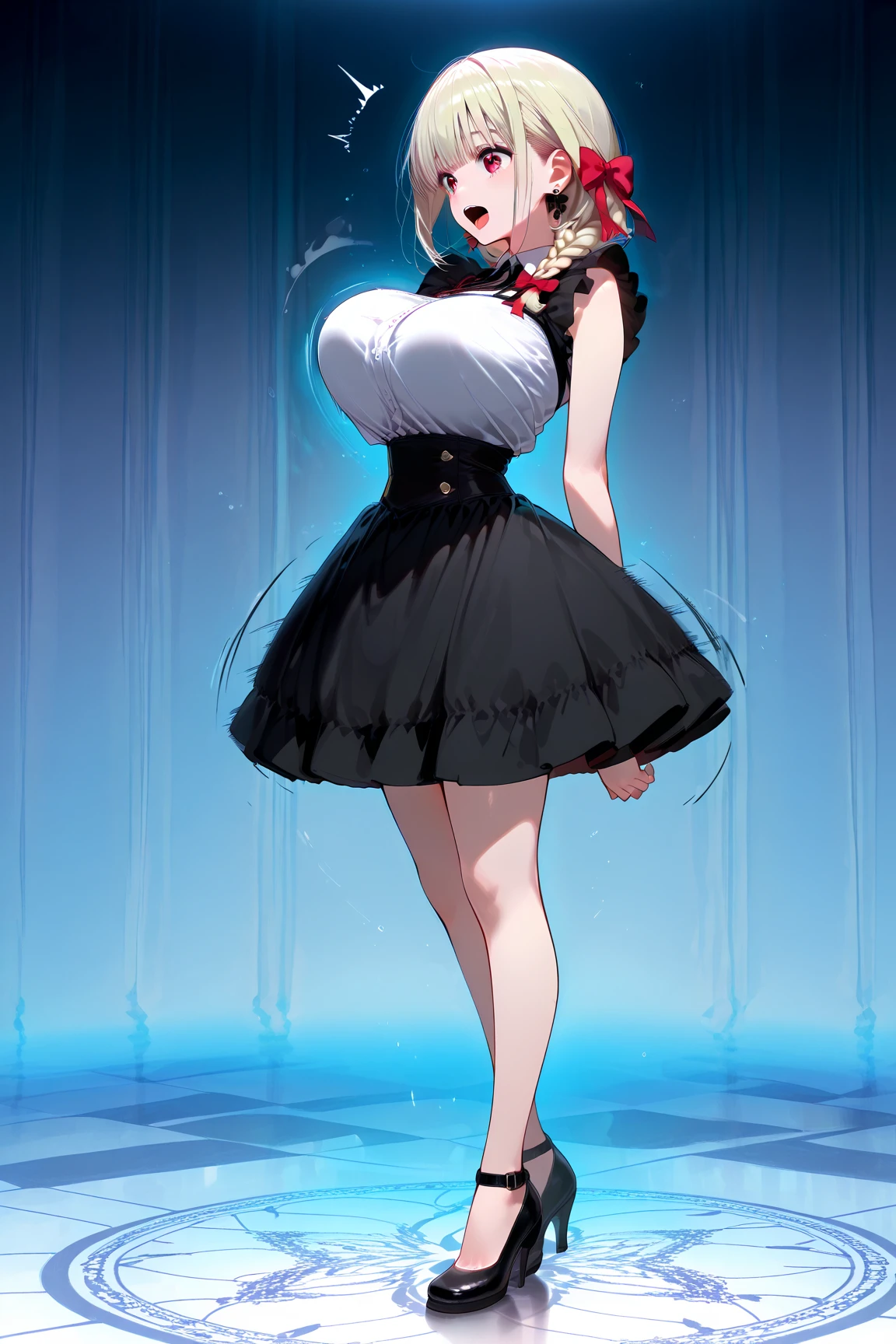 ((masterpiece, Best Quality)), (1 girl), (Alone), (feminine focus), (He drowned, by white, short hair), black eyes, light smile, open mouth, ((White shirt), (buttoned shirt), (space between buttons)), ((black skirt), (short skirt)), standing, White background, arms behind the back, dynamic angle Put all surrounding cabinets with fixtures., clay pots, ceramic bowls, driftwood, A deep sea diver holding the artifacts upstream., cute digital paintings, cartoon characters, cute 3D renderings, clay characters, clay animations, cute detailed digital art, 3D characters 8K, Best Quality, (photorealistic:1.4), raw photo, (curved body), (curved thighs), (huge breasts, perky breasts:1.4),