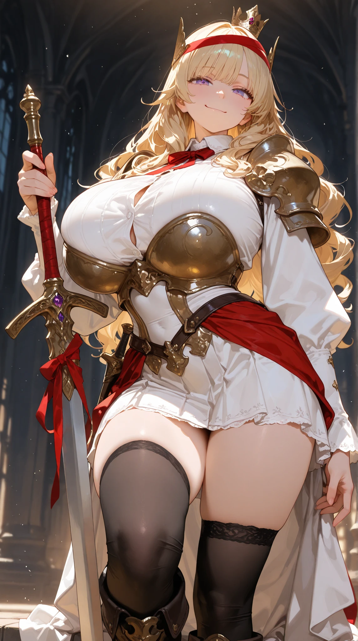 jeanne, (samurai white armor:1.2), crown, cloak, naked breasts, fluttering hair, long wavy hair, long curl hair, huge tit, thick thighs, huge hip, abdominal muscle, upper body from below, standing, spread legs, hands on hip, moss of abandoned castle, gentle smile, sunset