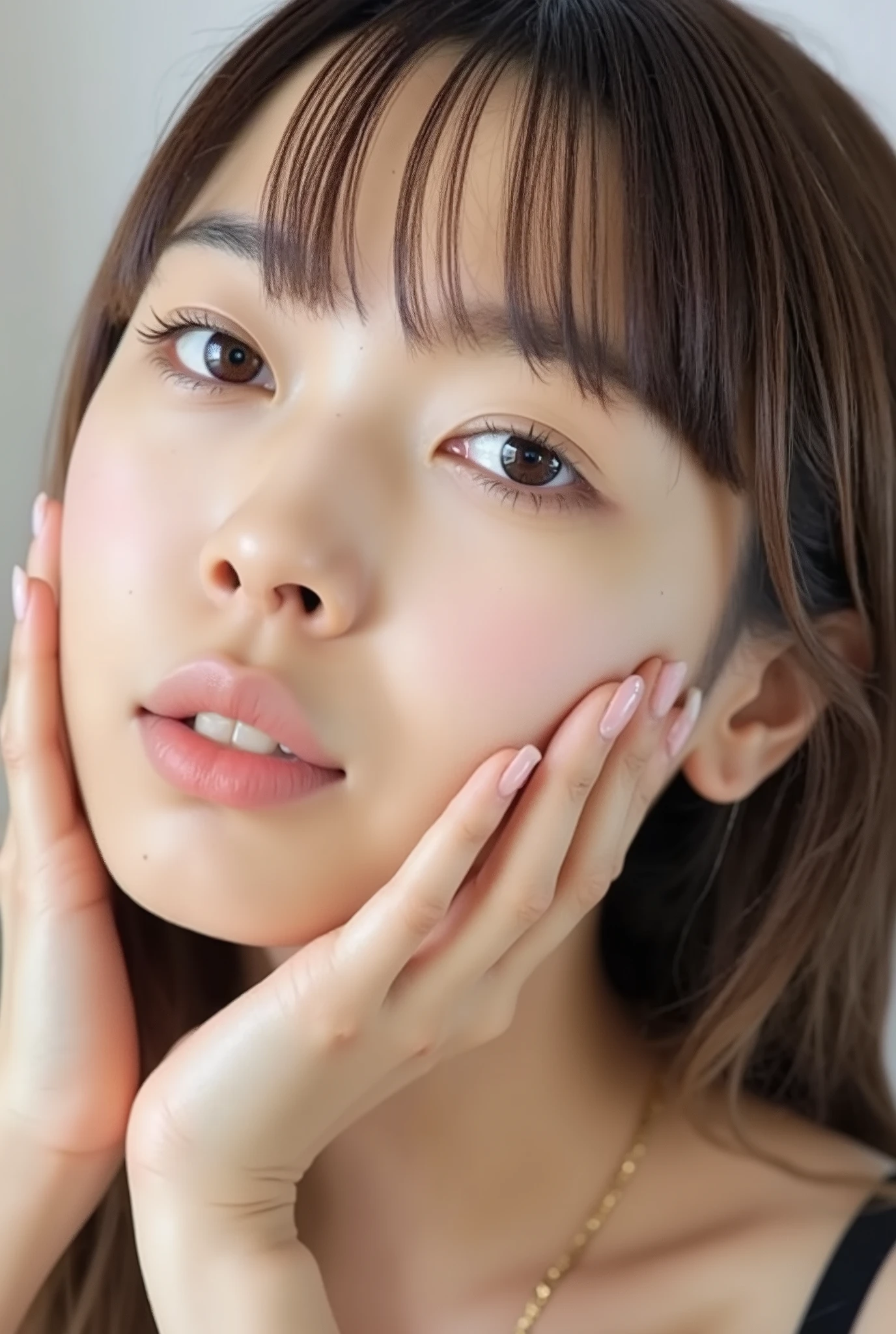 An extreme ultra close-up portrait of a stunningly beautiful young Japanese woman in her early twenties. Her face fills 95% of the frame, captured in cinematic soft lighting. She has a warm skin tone with flushed cheeks, porcelain-smooth complexion, visible soft peach fuzz, and a subtle natural sheen, like a luxury skincare advertisement.
Her expression is completely melted with affection and bashful joy — a wide, trembling smile with parted glossy lips, slightly showing her upper teeth, as if she's barely containing laughter from overwhelming happiness. Both hands gently cup her cheeks with fingers softly curved, fingertips lightly touching beneath her jaw.
She wears a simple black camisole with one shoulder strap slightly falling off, revealing delicate collarbones and emphasizing her emotional vulnerability.
Her straight black hair flows naturally with soft, airy bangs, catching light with silky highlights. Her head is tilted slightly downward with chin tucked in, posture leaning forward gently as if emotionally collapsing.
Her **eyes are huge, moist, and overflowing with sparkling emotion**:
– One eye is winking playfully, the other gazing at the viewer with a **tender, lovestruck look**
– The open eye features **multi-layered crystalline irises**, glowing softly with **bright pastel highlights**, and **heart-shaped catchlights** dancing across the surface
– Her expression feels completely lost in love: sweet, euphoric, and dopey
– Her gaze is slightly dreamy, shimmering with emotional warmth and intimate sparkle
The background is soft, white, and gently blurred with cinematic bokeh. Lighting emphasizes the glow of her skin and the emotional texture of the image. The overall look is hyperrealistic, deeply affectionate, and saturated with a helplessly sweet and bashful mood.
— Expression: melty smile, soft cheeks, emotionally overwhelmed
— Eyes: sparkly, heart-filled, gently glowing, ultra-expressive
— Lighting: cinematic soft white with golden