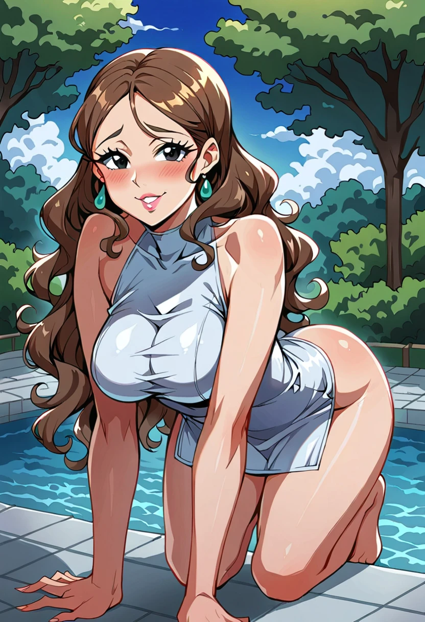 (Best quality, 4k, Masterpiece:1.3), beautiful woman, hyper realistic, 1girl, (droopy breasts, attractive body:1.2), sit-ups :1.1, short red hair:1.1, (wet rainy, wet by rain, wet body:1.2), ultra-detailed face, detailed lips, detailed eyes, double eyelid, sensual low-necked dress, open neckline, hanging breasts, side pose, visible curves, pool party, poolside, silver transparent mantle, muscular turned leg