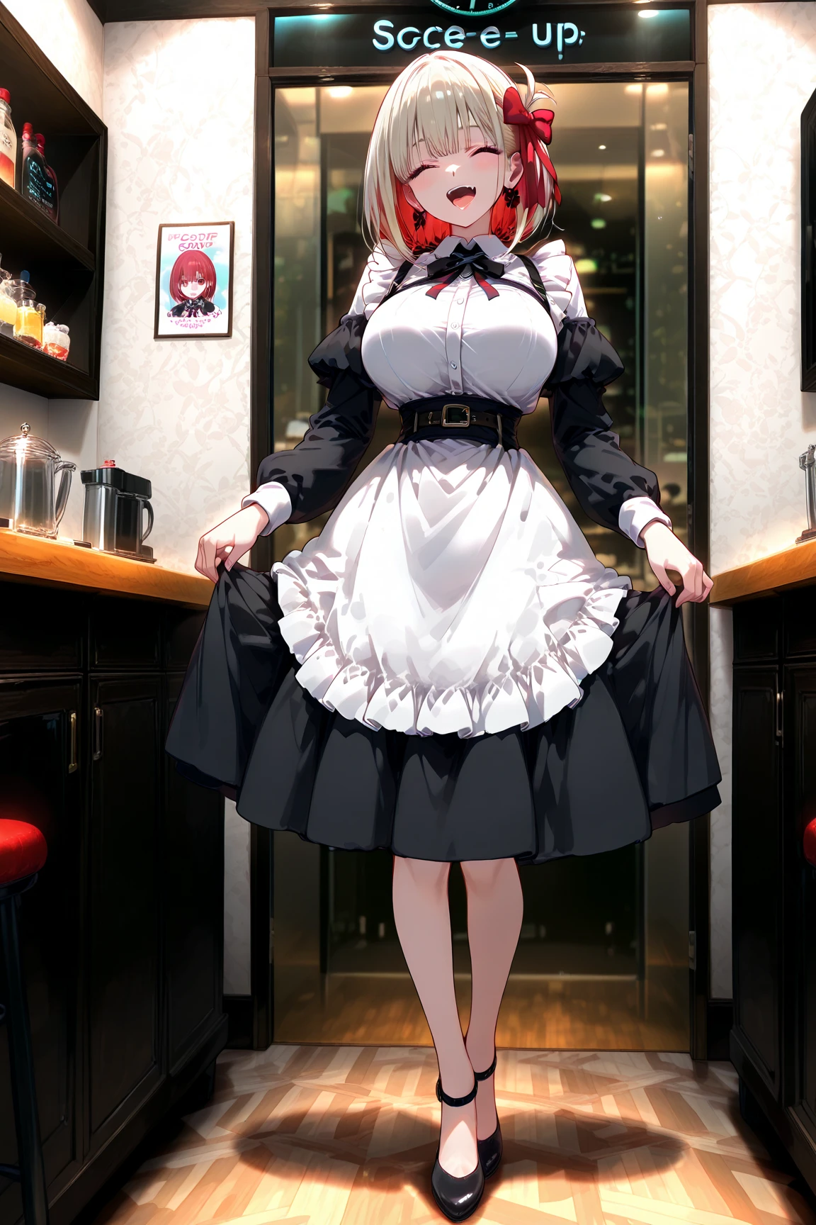 /draw ai_generated curvy_body curvy_female curvy_figure The average cup size female_only huge_breasts looking_at_viewer +maid solo_female solo_focus stable_diffusion waitress orange_hair green_eyes lifts the skirt showing black panties legs in pantyhose --auto