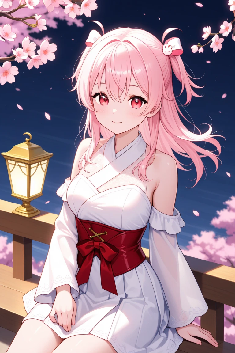 A pale skinned woman, pink haired, red eyes, geisha makeup, white and pink kimono, backround sakura trees, looks teasing