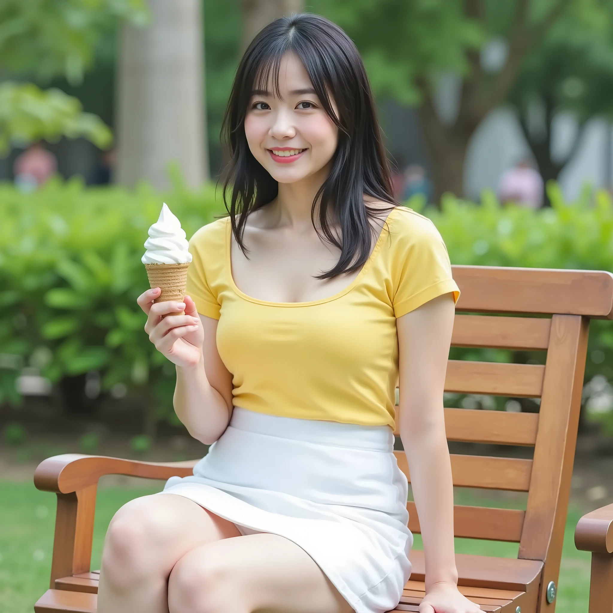 『1 Japanese girl:1.3』『real photo:1.3』Highest Quality:1.aggy big breasts、 narrow waist :1.9))、with a slight cleavage、((40 year old woman))、beautiful shape with black belly、unadorned『歯を見せてis laughing:1.9』、(((is anatomically correct、perfect anatomy、is anatomically correct指)))、realistic, Highest Quality, Ultra High Definition, RAW Photo, (Narrow waist:1.5)、droopy eyes、plump face、best quality, detailed, beautiful, insanely detailed, Absard Dress,perfect anatomy, Japanese woman,black hair,7, (slender), (small breasts best quality), Park, is laughing, sitting, (Spread Your Legs:), long hair, (((yellow t-shirt))), (white skirt), (wearing white panties), panties, soft serve, (soft serveを食べるシーン:1.3), Japanese, in the Park, With chair, full body shot , portrait shot , (view from below:1.3),