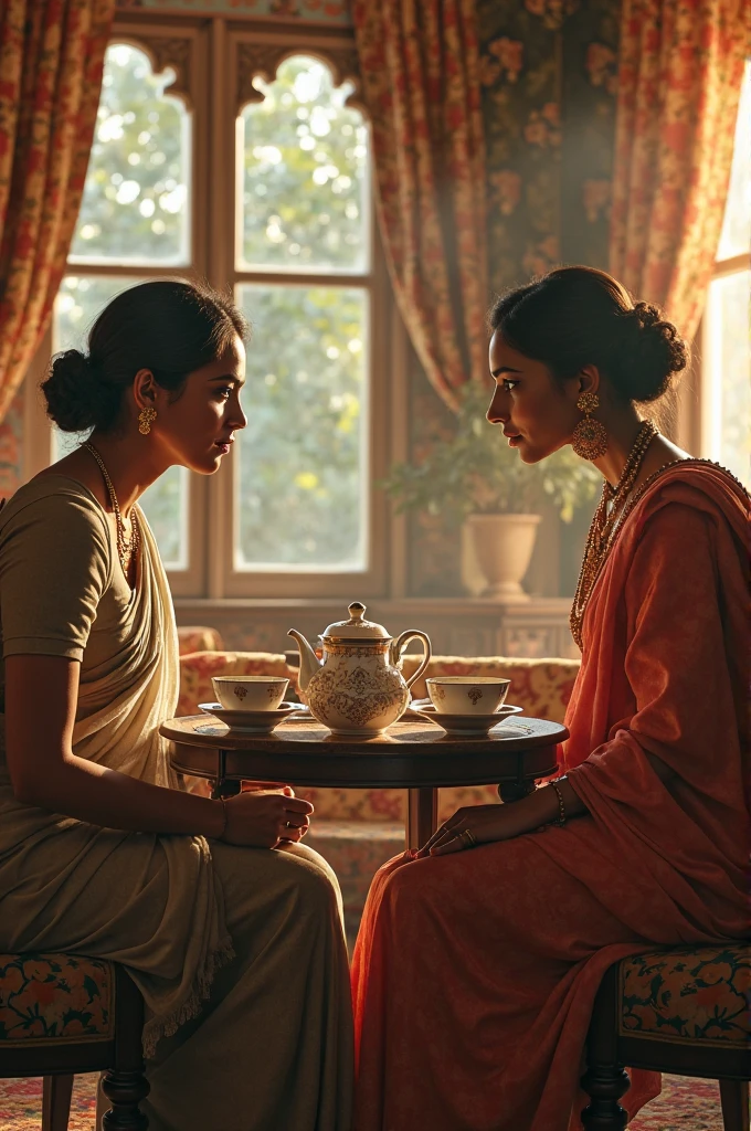 a picture of a british master slave relationship where an indian maid wearing a saree holding a tray of tea cups and serving it to a british victorian woman wearing an elaborate dress who is sitting at a table woman at a tea party. realistic, beautiful, sexy