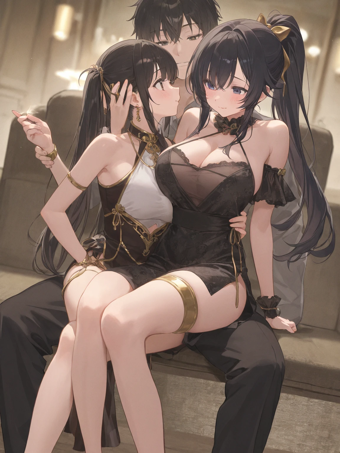 ((Anime illustration)),At the resort pool on a moonlit night,Beautiful night view,((Black-haired Cleopatra)),Beautiful black bikini,((Gorgeous big breasts shining)),Lace Top Stockings,Knee-high boots,Long satin gloves,(Laughing with your fingers),Crossing your legs,Condescending look,Provocative pose,Sexy Body NSFW, bra lift