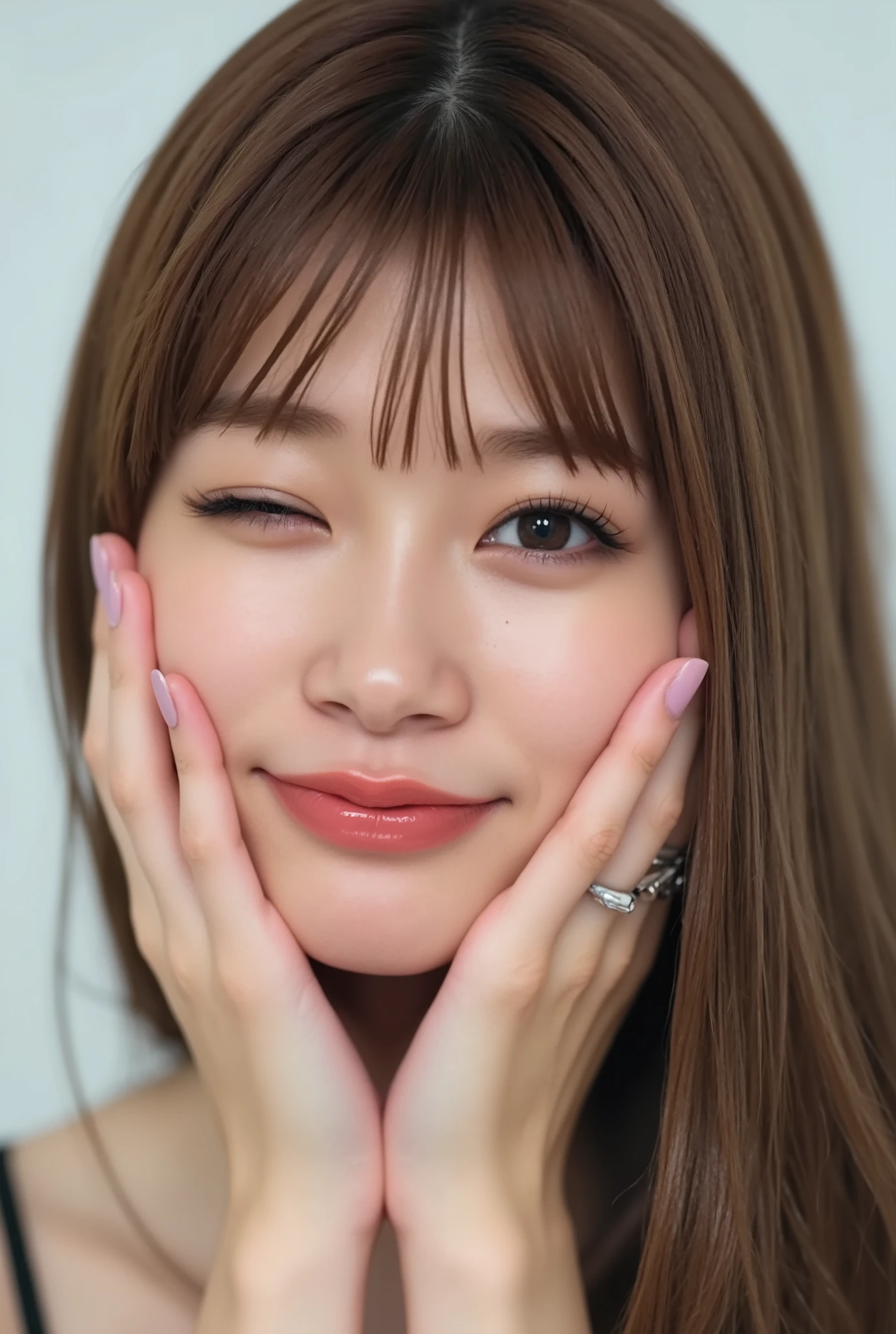 An extreme ultra close-up portrait of a stunningly beautiful young Japanese woman in her early twenties. Her face fills 95% of the frame, captured in cinematic soft lighting. She has a warm skin tone with flushed cheeks, porcelain-smooth complexion, visible soft peach fuzz, and a subtle natural sheen, like a luxury skincare advertisement.
Her expression is completely melted with affection and bashful joy — a wide, trembling smile with parted glossy lips, slightly showing her upper teeth, as if she's barely containing laughter from overwhelming happiness. Both hands gently cup her cheeks with fingers softly curved, fingertips lightly touching beneath her jaw.
She wears a simple black camisole with one shoulder strap slightly falling off, revealing delicate collarbones and emphasizing her emotional vulnerability.
Her straight black hair flows naturally with soft, airy bangs, catching light with silky highlights. Her head is tilted slightly downward with chin tucked in, posture leaning forward gently as if emotionally collapsing.
Her **eyes are huge, moist, and overflowing with sparkling emotion**:
– One eye is winking playfully, the other gazing at the viewer with a **tender, lovestruck look**
– The open eye features **multi-layered crystalline irises**, glowing softly with **bright pastel highlights**, and **heart-shaped catchlights** dancing across the surface
– Her expression feels completely lost in love: sweet, euphoric, and dopey
– Her gaze is slightly dreamy, shimmering with emotional warmth and intimate sparkle
The background is soft, white, and gently blurred with cinematic bokeh. Lighting emphasizes the glow of her skin and the emotional texture of the image. The overall look is hyperrealistic, deeply affectionate, and saturated with a helplessly sweet and bashful mood.
— Expression: melty smile, soft cheeks, emotionally overwhelmed
— Eyes: sparkly, heart-filled, gently glowing, ultra-expressive
— Lighting: cinematic soft white with golden