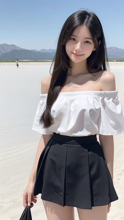 (1 Korean star with royal sister style), ((best quality, 8k, masterpiece: 1.3)), (beach: 1.8), focus: 1.2, perfect body beauty: 1.4, (pouting smile: 1.2), (hips: 1.3), highly detailed face and skin texture, fine eyes, double eyelids, whitening skin, (long hair, air bangs: 1.3), (beautiful perfect face: 1.5), (beach skirt: 1.4),