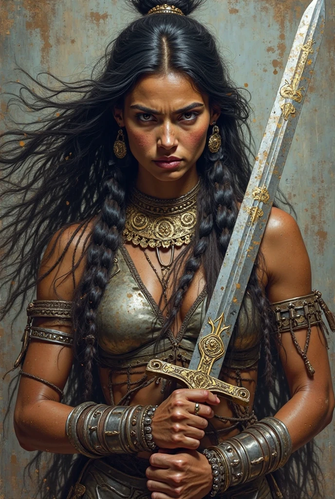 a handsome young female barbarian gladiator based on Zendaya, French Renaissance painting style, cinematic, fantasy illustration, set on a white background, that showcases the best quality,4k,8k,highres,masterpiece:1.2,ultra-detailed,realistic:1.37,HDR,studio lighting,ultra-fine painting,sharp focus,physically-based rendering,extreme detail description,professional,vivid colors,bokeh,colorful and vibrant atmosphere