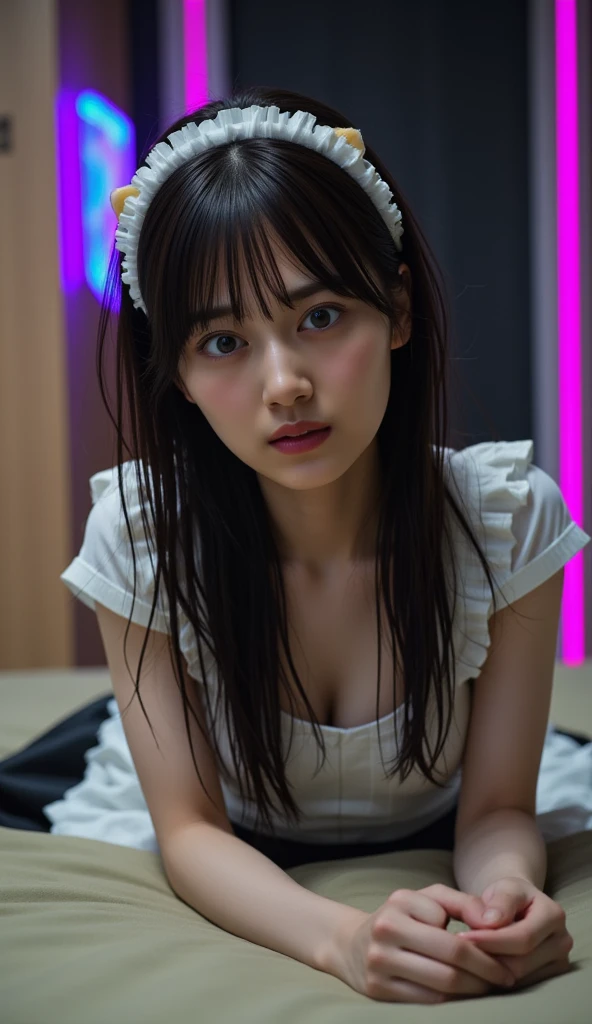 Best Quality, ultra-detailliert, absolutely resolution,8years old、((Children's body shape))、(Round face)、Twin-tailed、Red ribbons、round cheeks、looking at the viewers、、realisitic、女の子1人、a small face、、cowboy  shot、Narrow and cramped room、Camisole、、Japan's Red Light District、((Prostitutes))、(deep in the night)、(dark ilumination),From  above:1.4