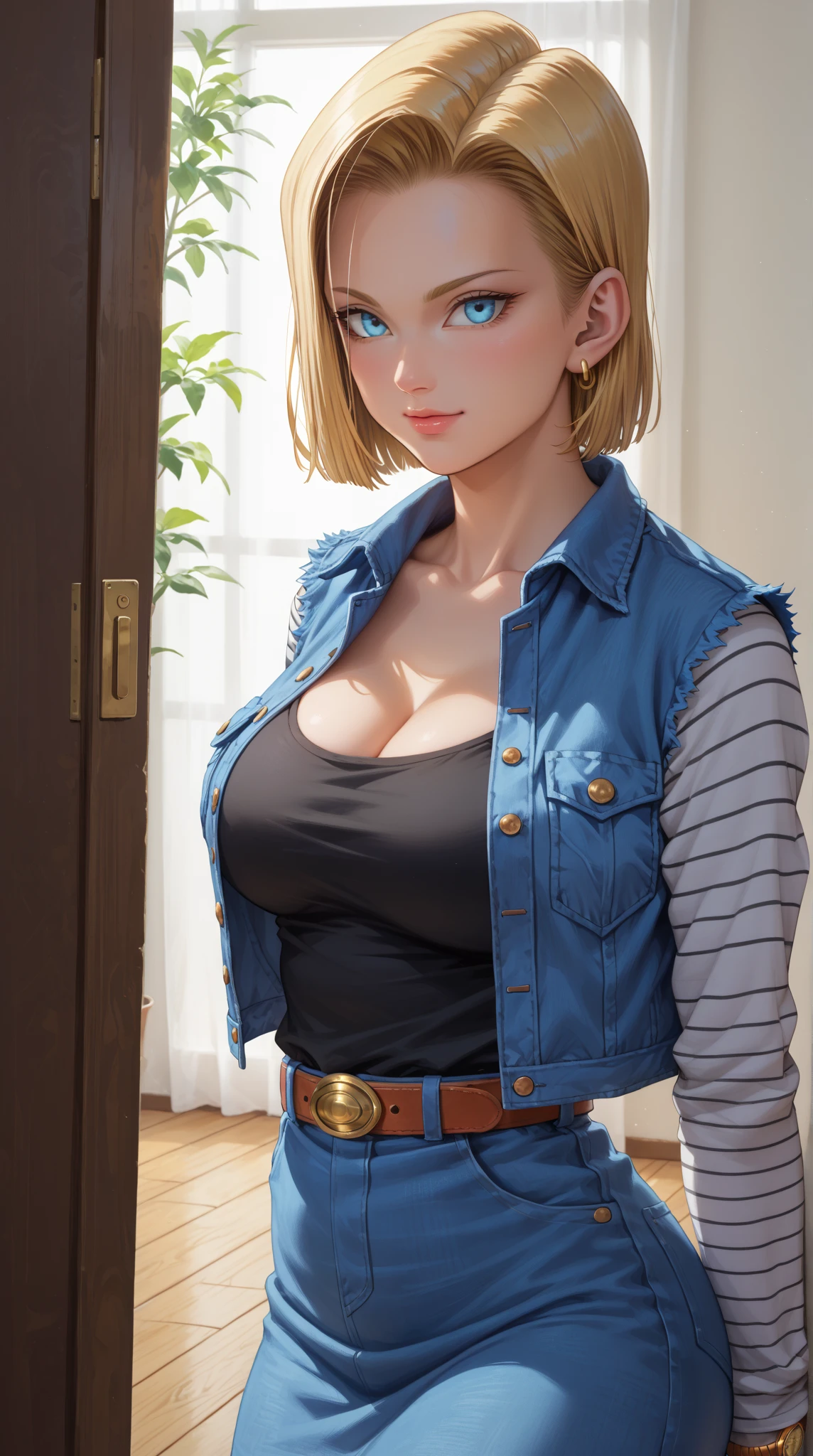 a close up of a woman with a very big breast posing, Android 18, perfect android girl, realistic shaded perfect body, hyperrealistic full figure, Photorealistic perfect body, Hyper realistic anime, Seductive Anime Girl, a hyperrealistic schoolgirl, realistic anime 3 d style, Tifa Lockhart with gray hair, anime highly detailed, 2b, 2 b,length hair