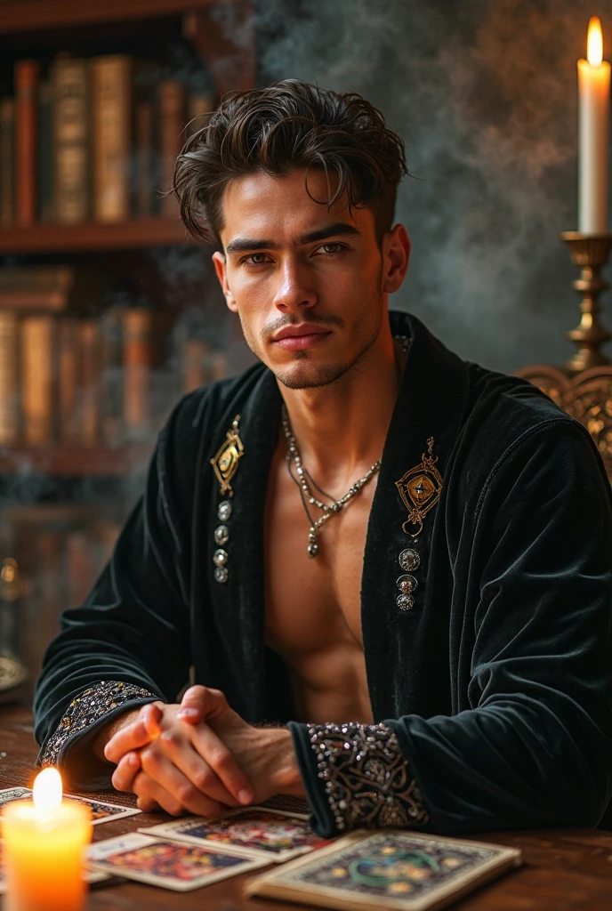 Dark brown hair is fluffy and curly, amber colored eyes, A tanned young man, shaved face, red off-shoulder blouse with wide sleeves and gold patterns, tight pants, стилистика dark fantasy. gold jewelry, rings, glasses with dark lenses,