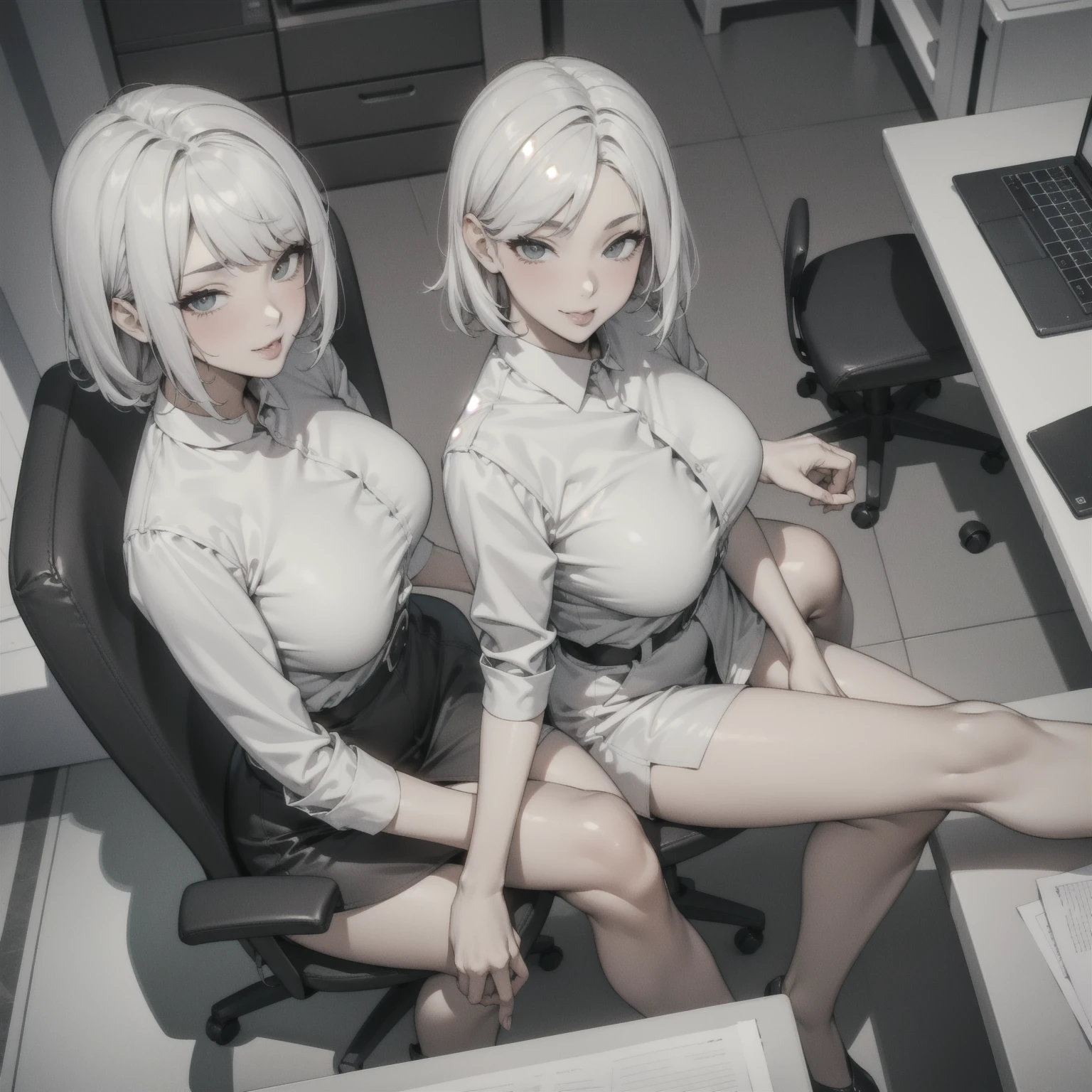 White long hair, man, white low cut shirt, black dress pants, blue eyes, sitting on an office desk and being pressed by a man.