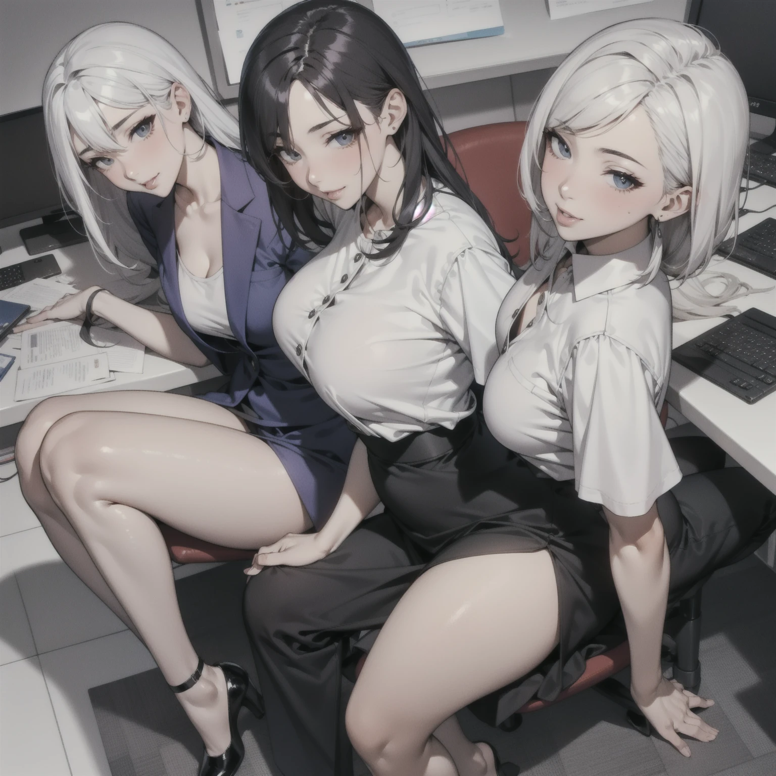(3heads:1.5), 1girl, (solo), (mature), (handsome), business suit, suit pants, tie, cleavage, high heels, legs crossed, full body, office chair, office, beautiful background, absurdres, photograph, dynamic angle, detailed, tanned skin, (long silver hair:1.3), glasses, serious, yellow eyes