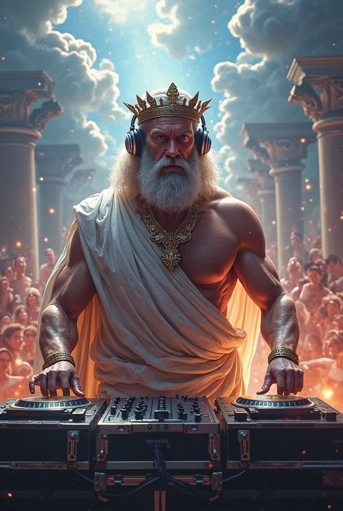 Zeus playing on a DJ table for the gods of Olympus at a favela dance