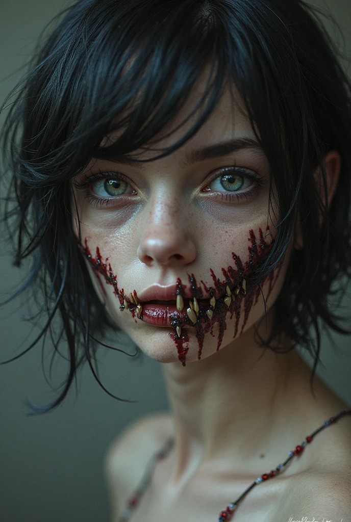 Produces chaotic, expressionistic portraits using dark colors. Young gothic zombie woman with half of her face rotting with green cream, visible bones and many cockroaches going into the corner of the head and coming out of the corner of the chin, pieces of human flesh, cockroaches crawling on her face, , visible bones with long straight black hair, ray tracing , jpeg artifact, multiple display, UHD, masterpiece, accurate, textured leather, high detail, award winning, high resolution, 16k, best quality