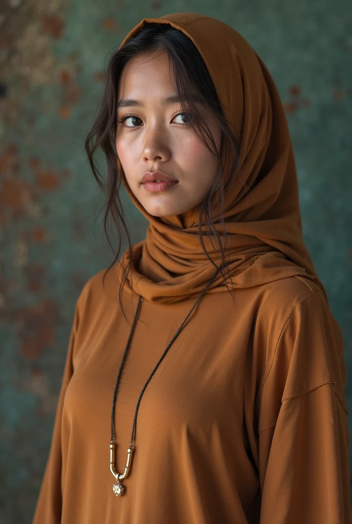 Craft an outstanding portrait that celebrates the beauty and individuality of a Malay girl, bright golden brown hair. very long wavy hair, Showcase her personality and story through creative composition and lighting. Use natural light or unique artificial lighting to add depth and character to the portrait. Pay attention to the details of her hijab, clothing, and accessories, highlighting their textures and colors. Encourage the subject to express her emotions and character through her gaze and pose, creating a compelling and empowering portrait that captures her strength and uniqueness.
